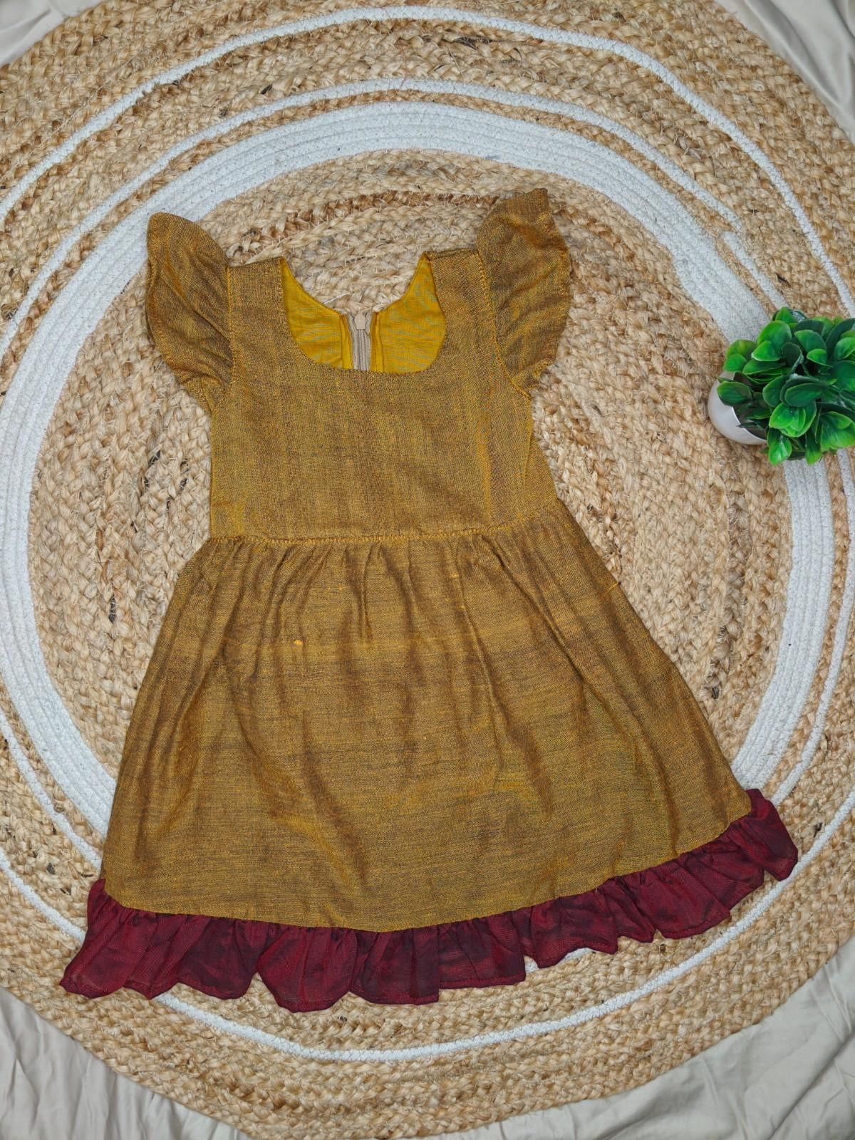 Daisy- Frock Rompers in Mustard with red in Khadi fabric