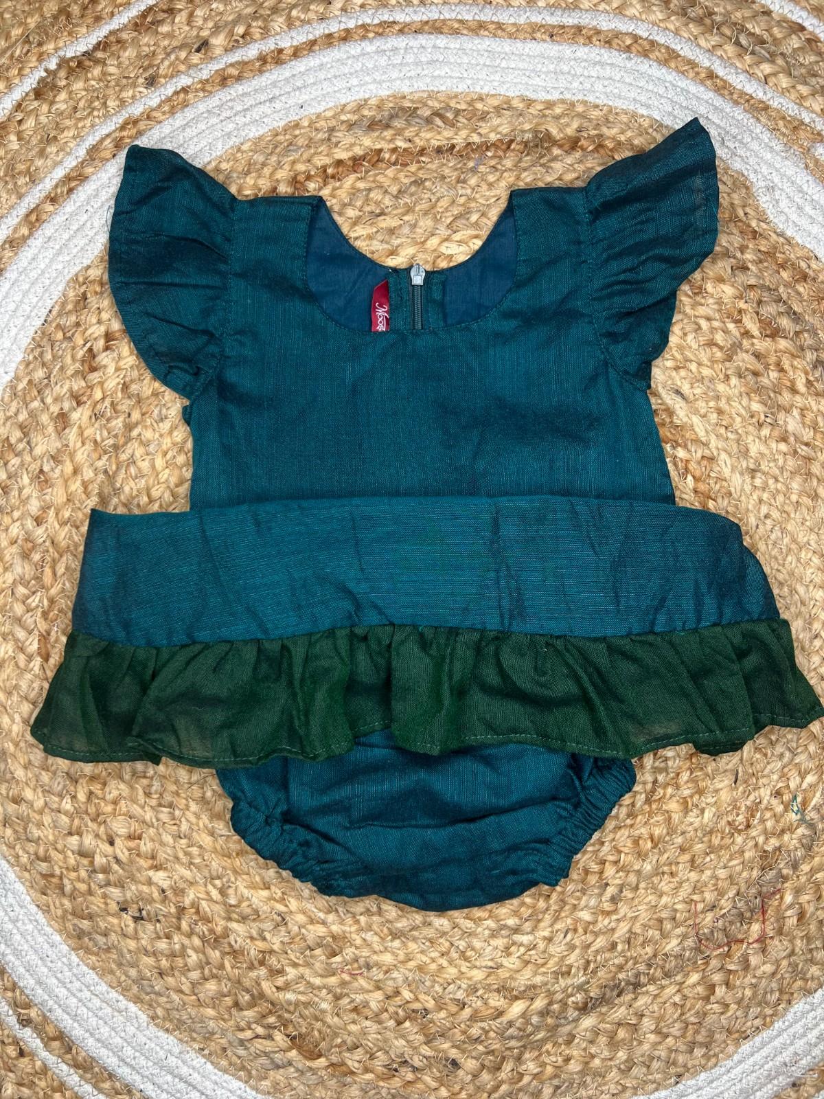 Daisy- Frock Rompers in Teal with green in Khadi fabric