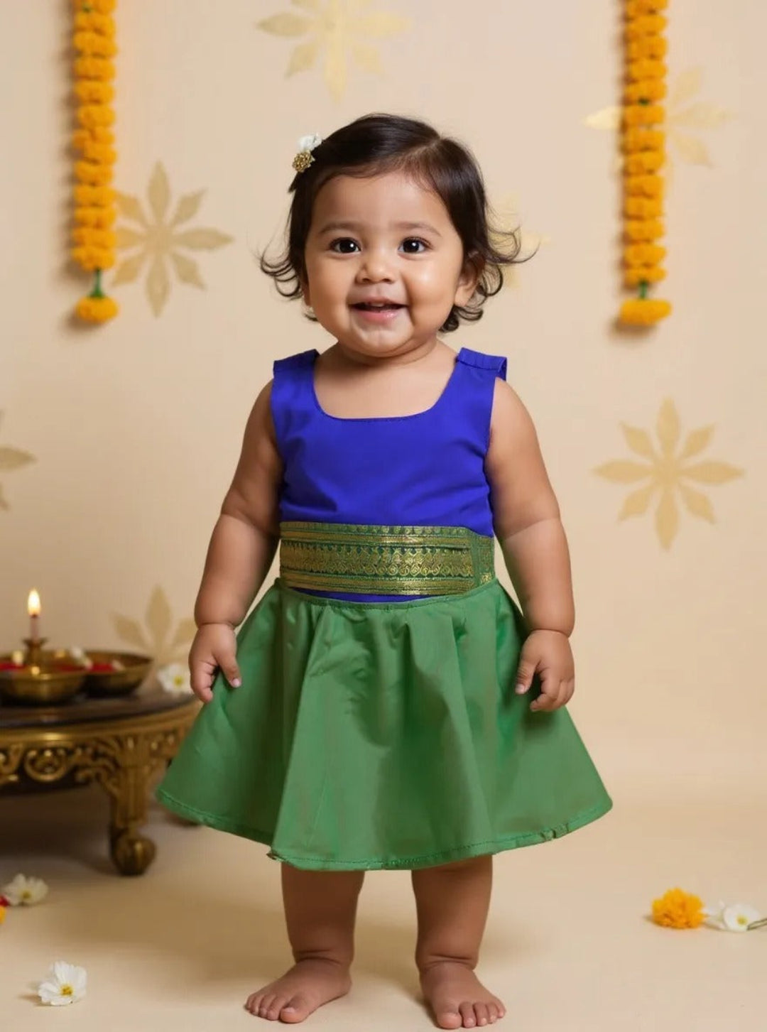 Angel Whisper - Onesie Rompers in Blue Kalyani Pattu with Green zari border