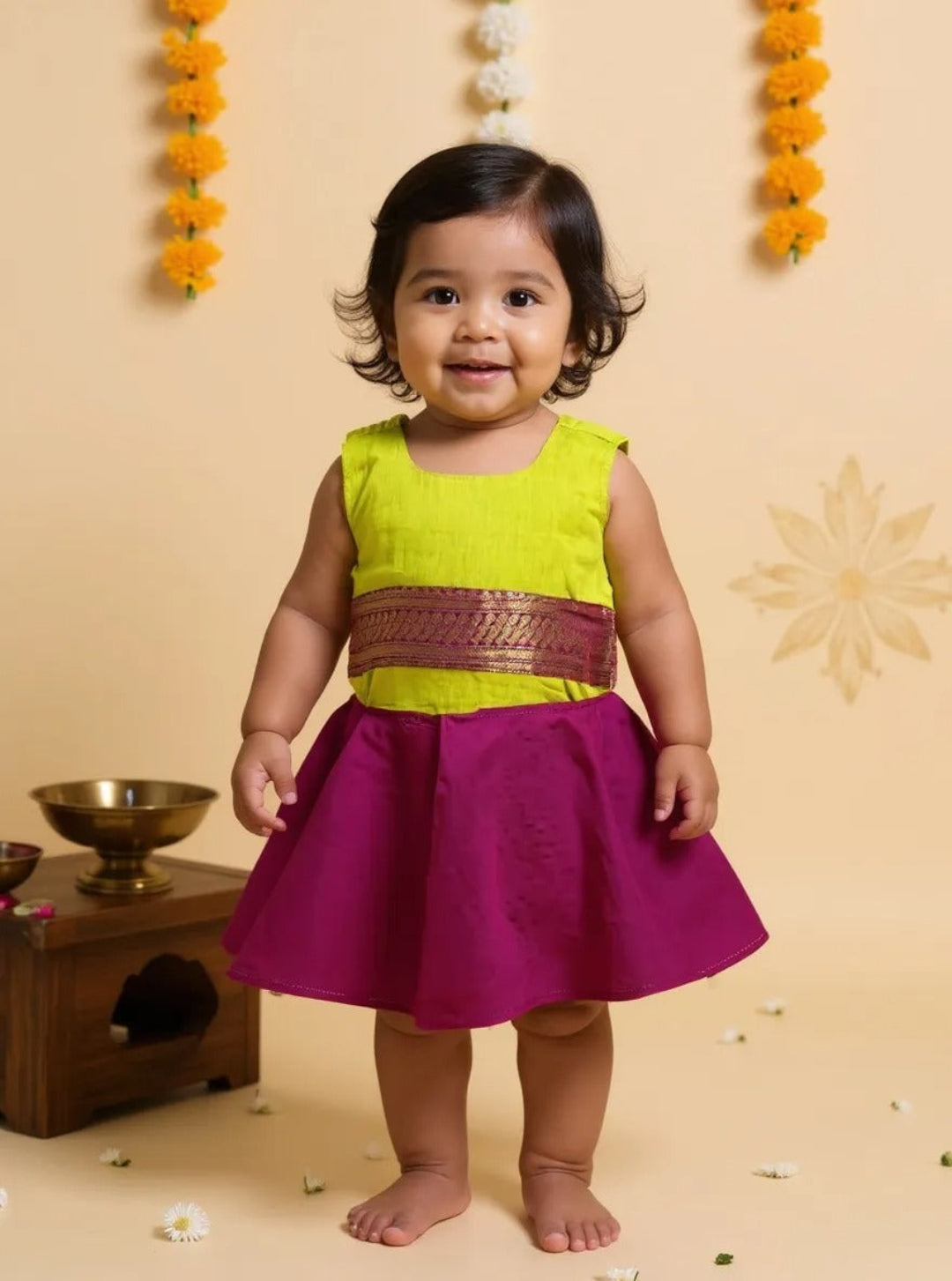 Angel Whisper - Onesie Rompers in Green Kalyani Pattu with purple zari border