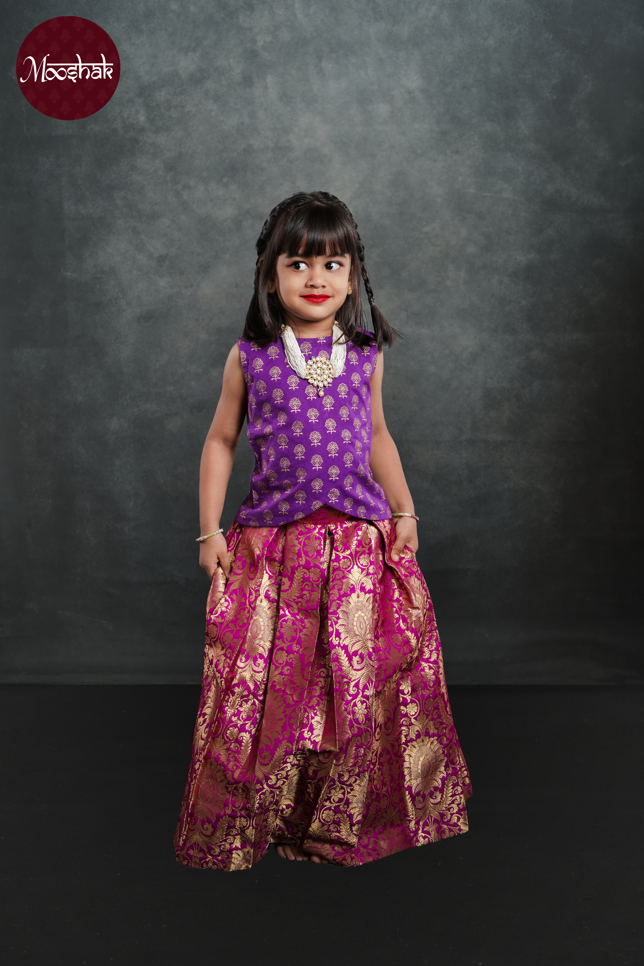 Sakhi - Skirt and Top in Purple foil print and purple benarasi brocade with gold zari work