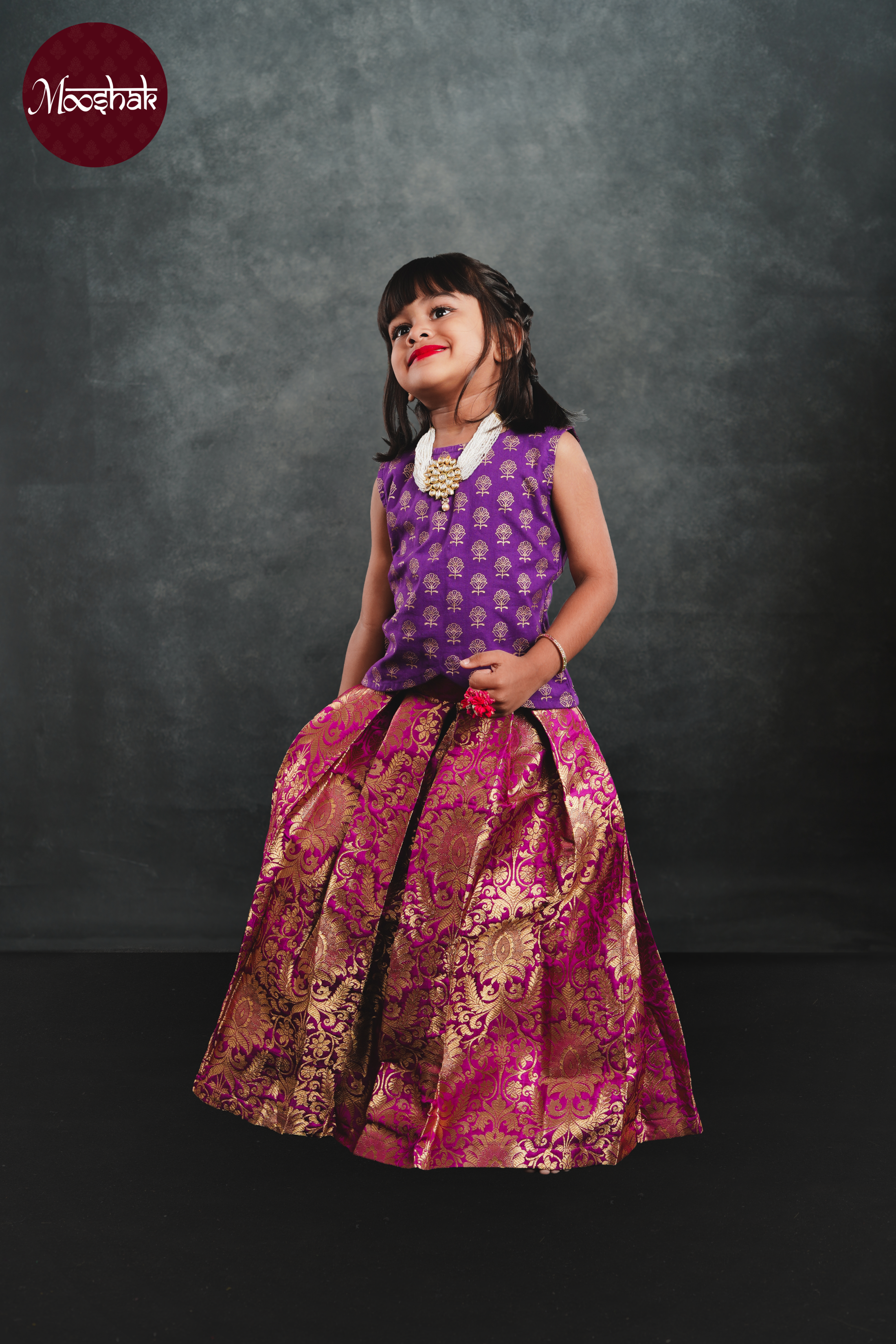 Sakhi - Skirt and Top in Purple foil print and purple benarasi brocade with gold zari work