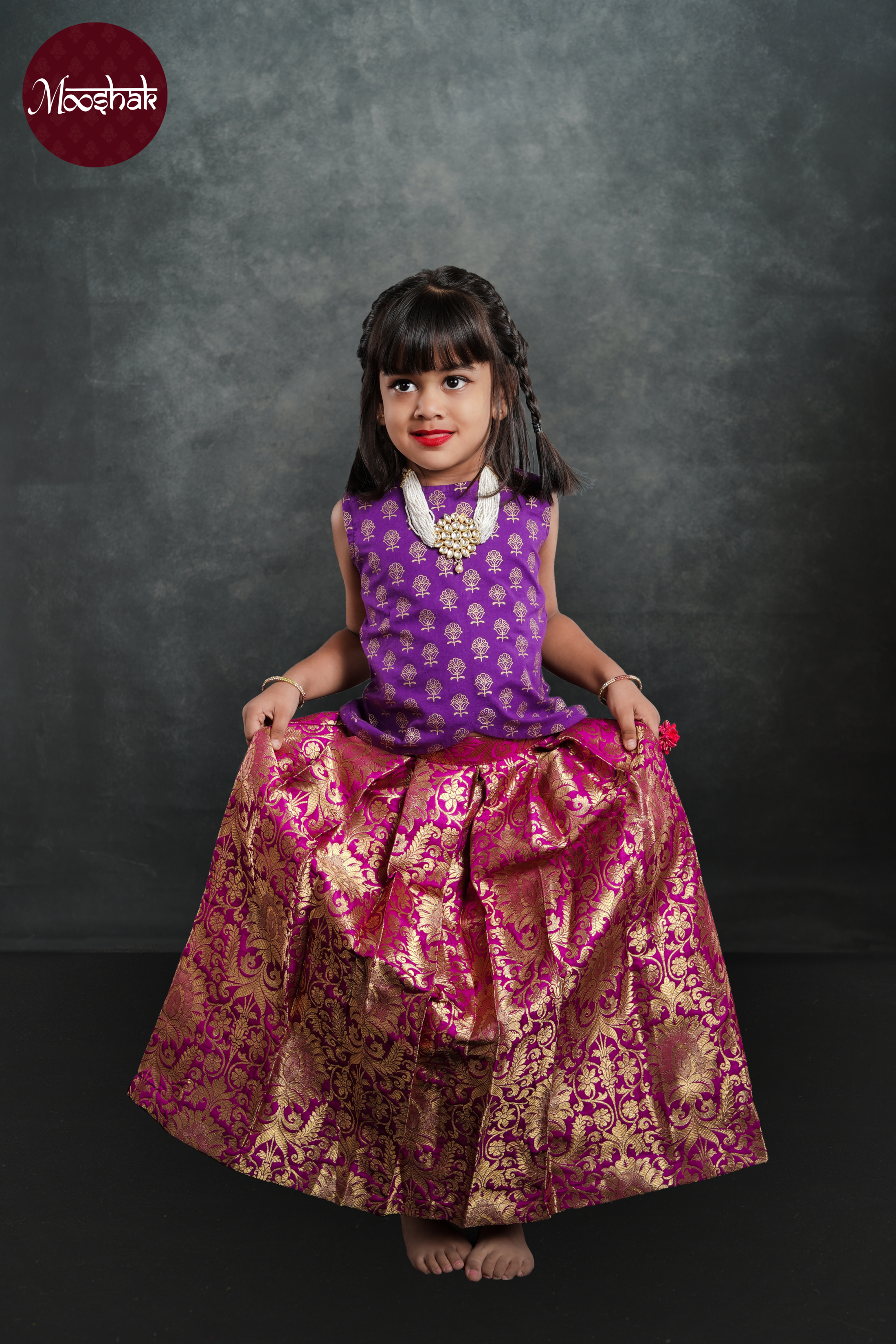 Sakhi - Skirt and Top in Purple foil print and purple benarasi brocade with gold zari work