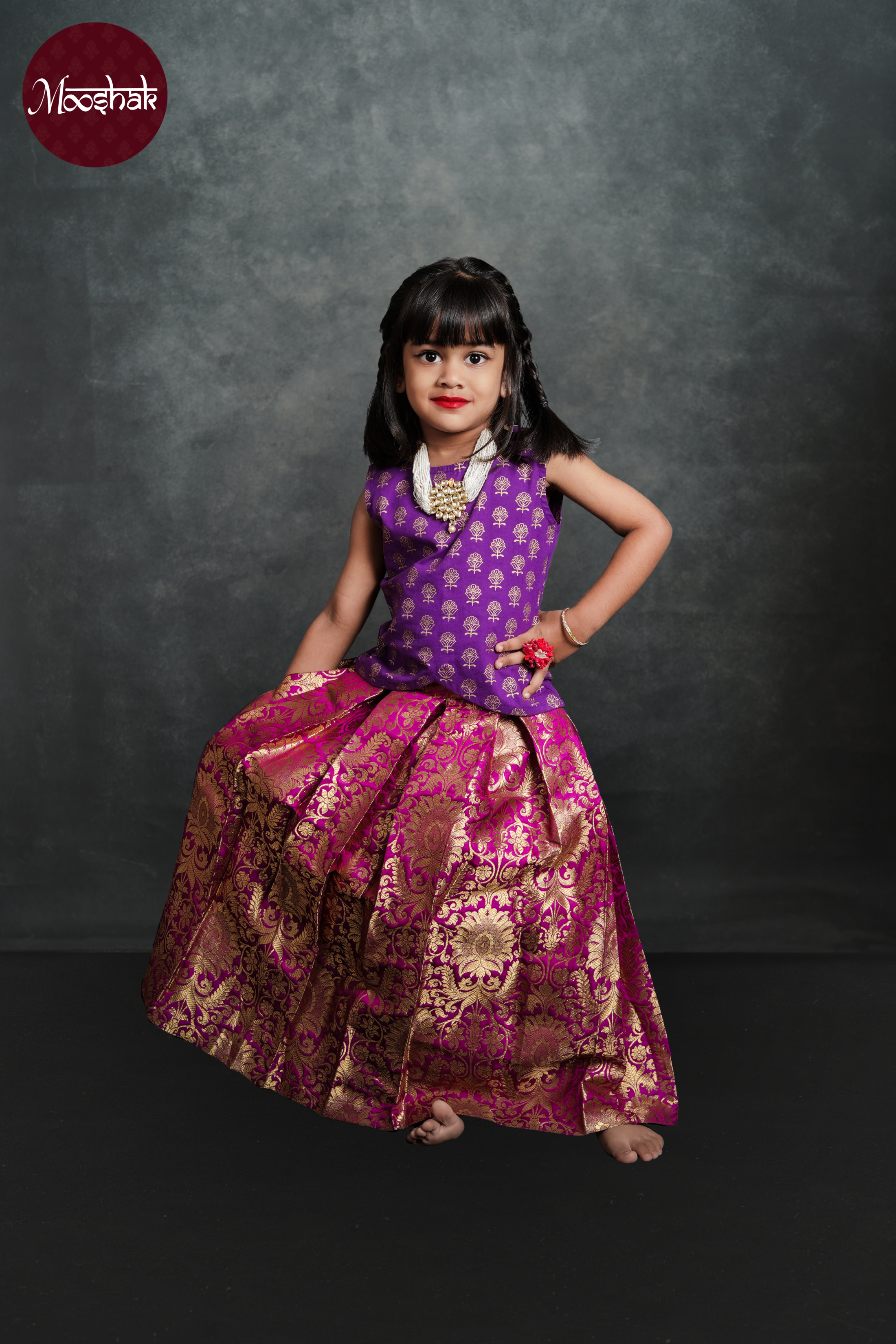 Sakhi - Skirt and Top in Purple foil print and purple benarasi brocade with gold zari work