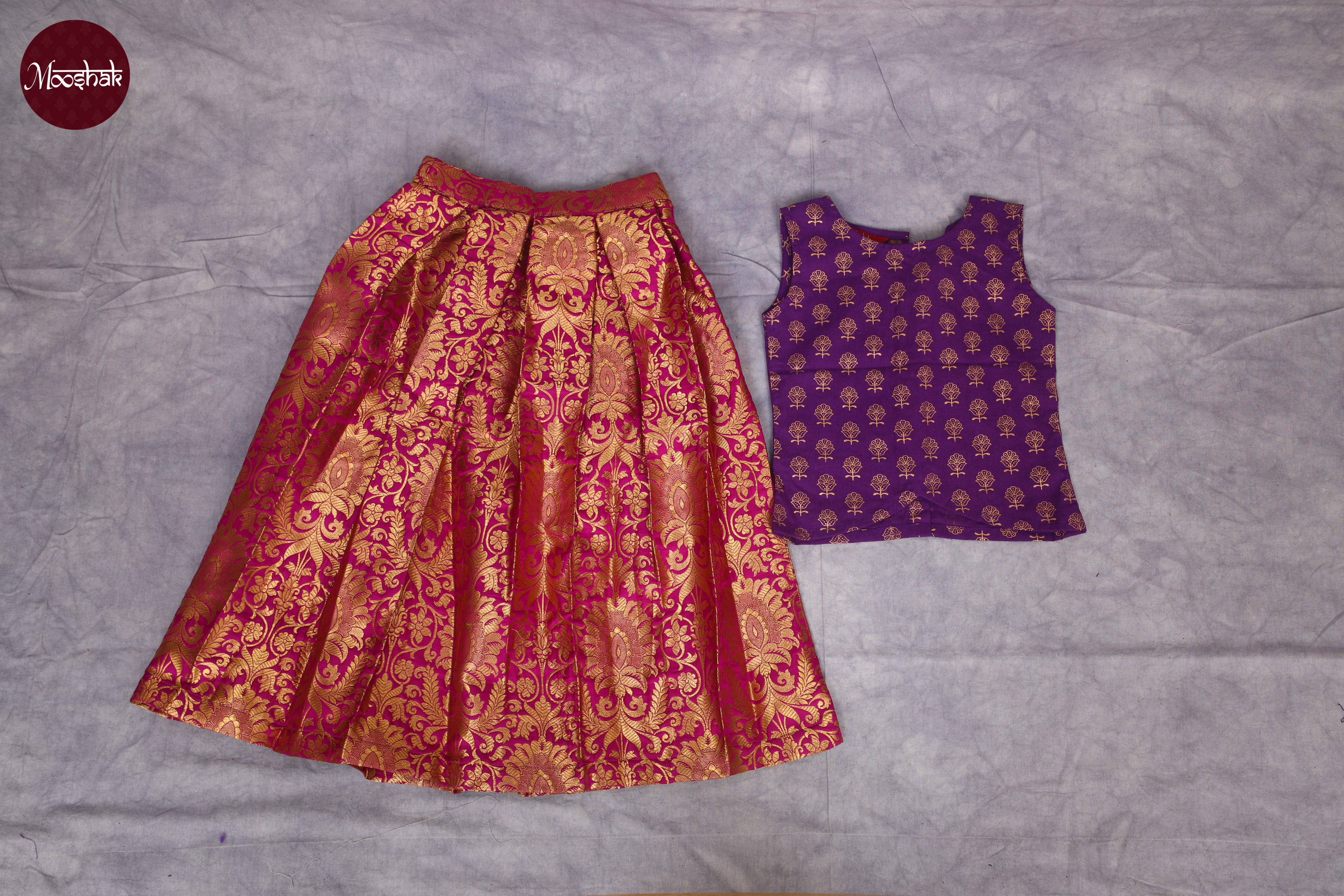 Sakhi - Skirt and Top in Purple foil print and purple benarasi brocade with gold zari work