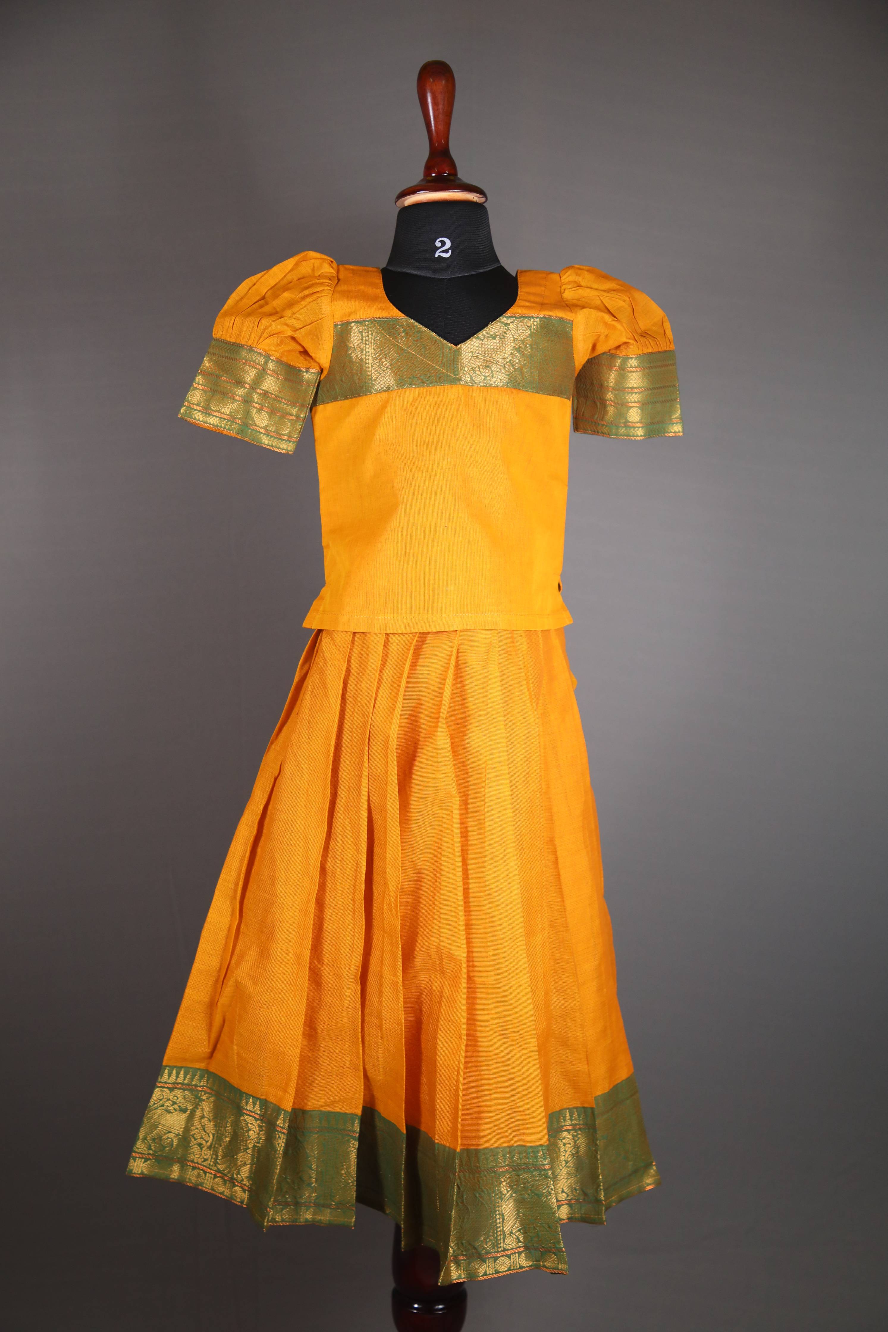 Siya - Pavada sattai in kanchi cotton in Mustard Yellow color