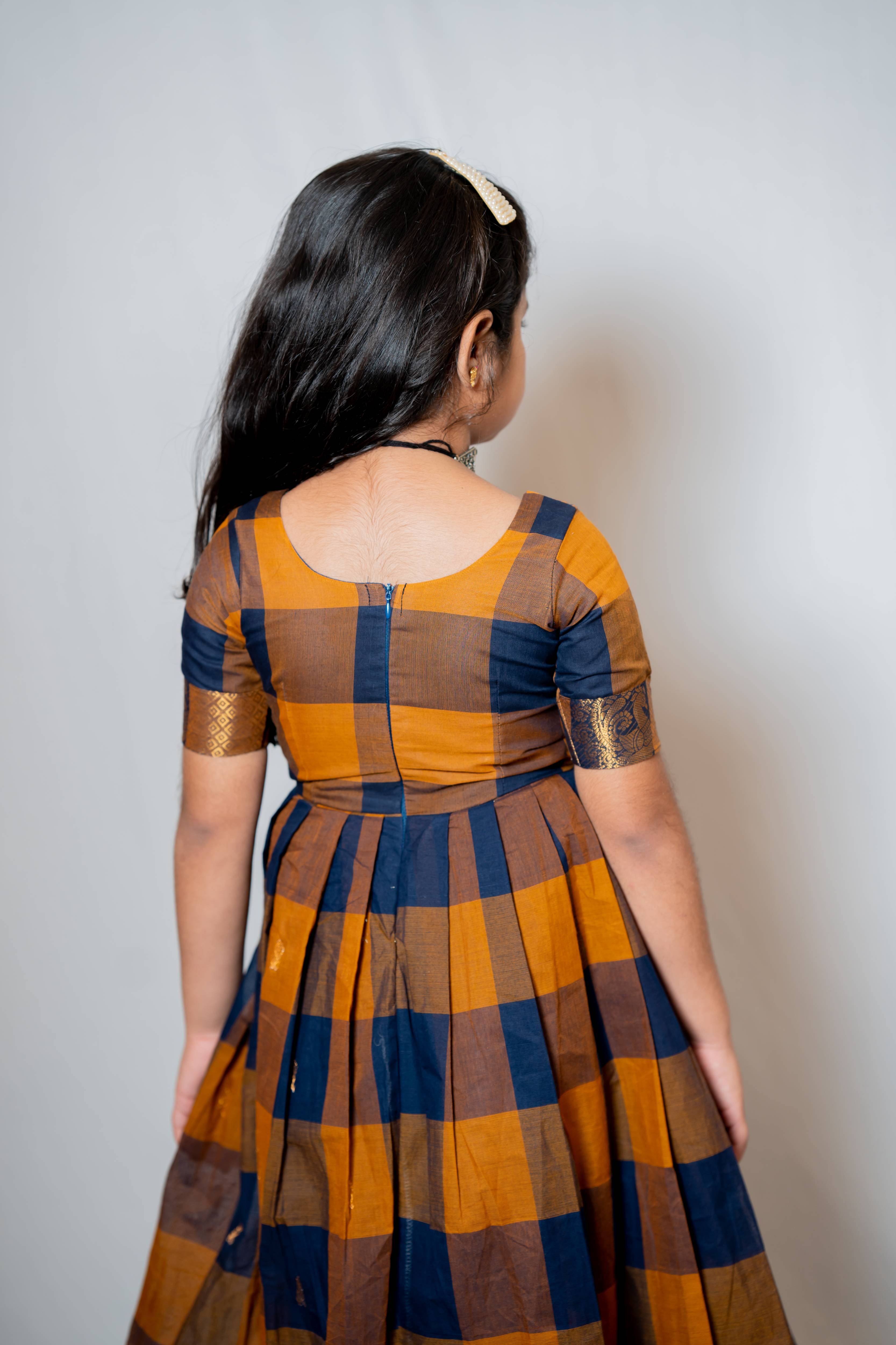 Kattam - Anarkali dress in chettinad cotton in Brown and mustard checks