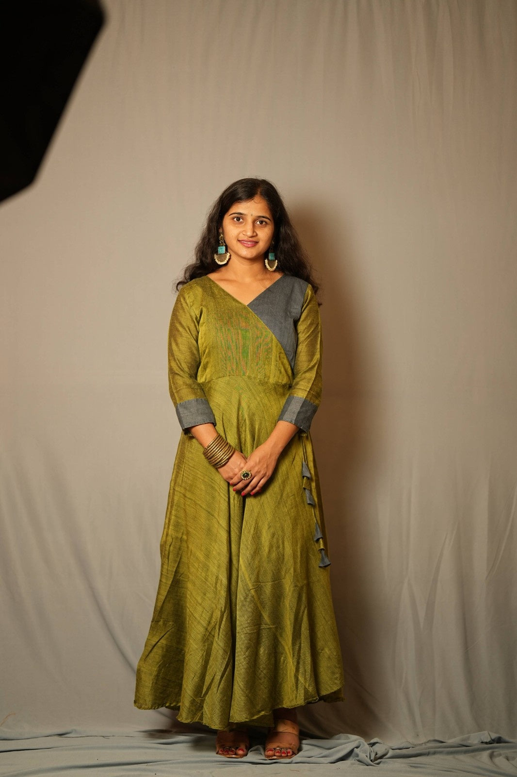 Suvarna - Angrakha dress in Khadi cotton in green with mustard contrast