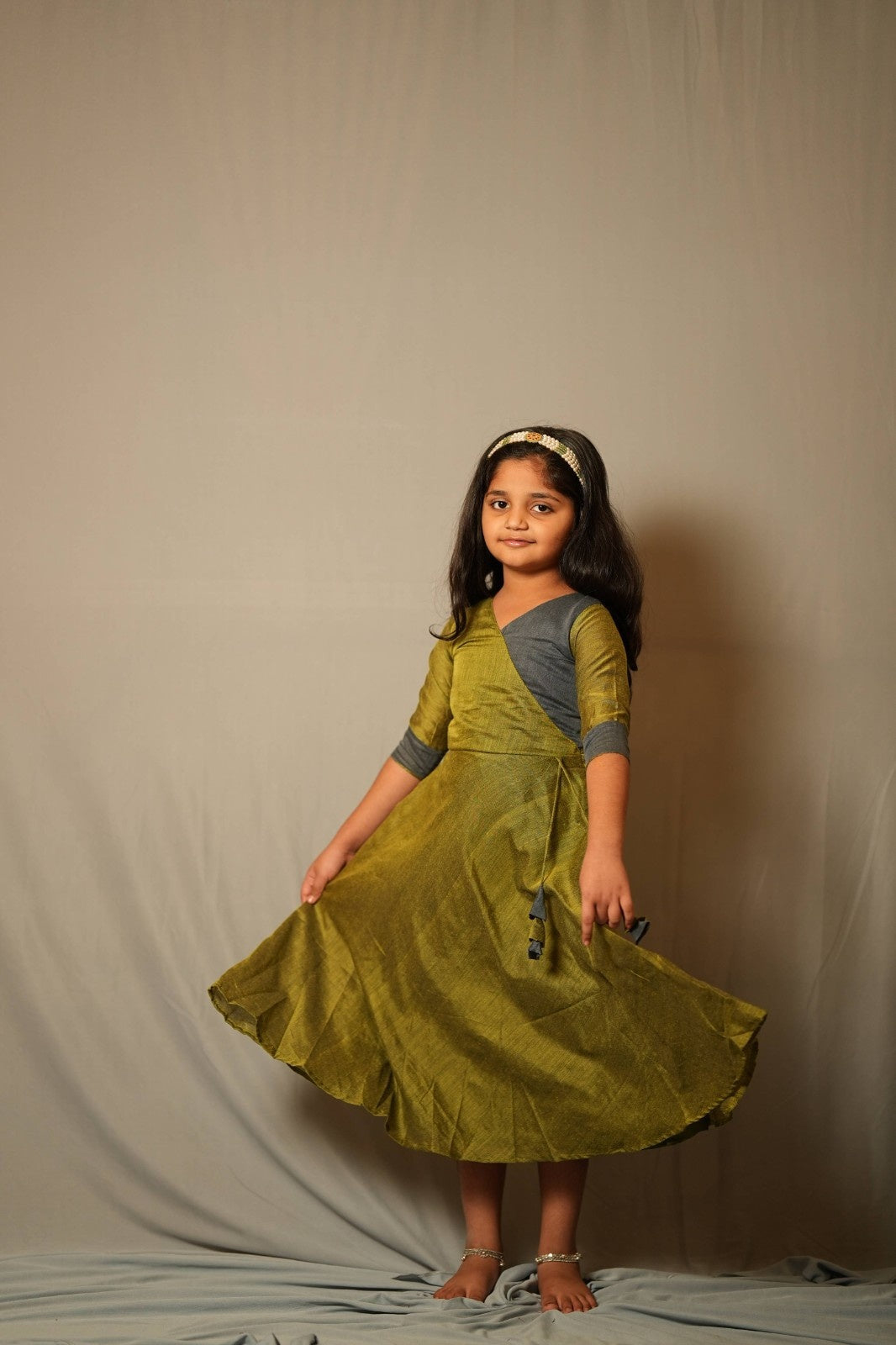 Suvarna - Angrakha dress in Khadi cotton in green with mustard contrast