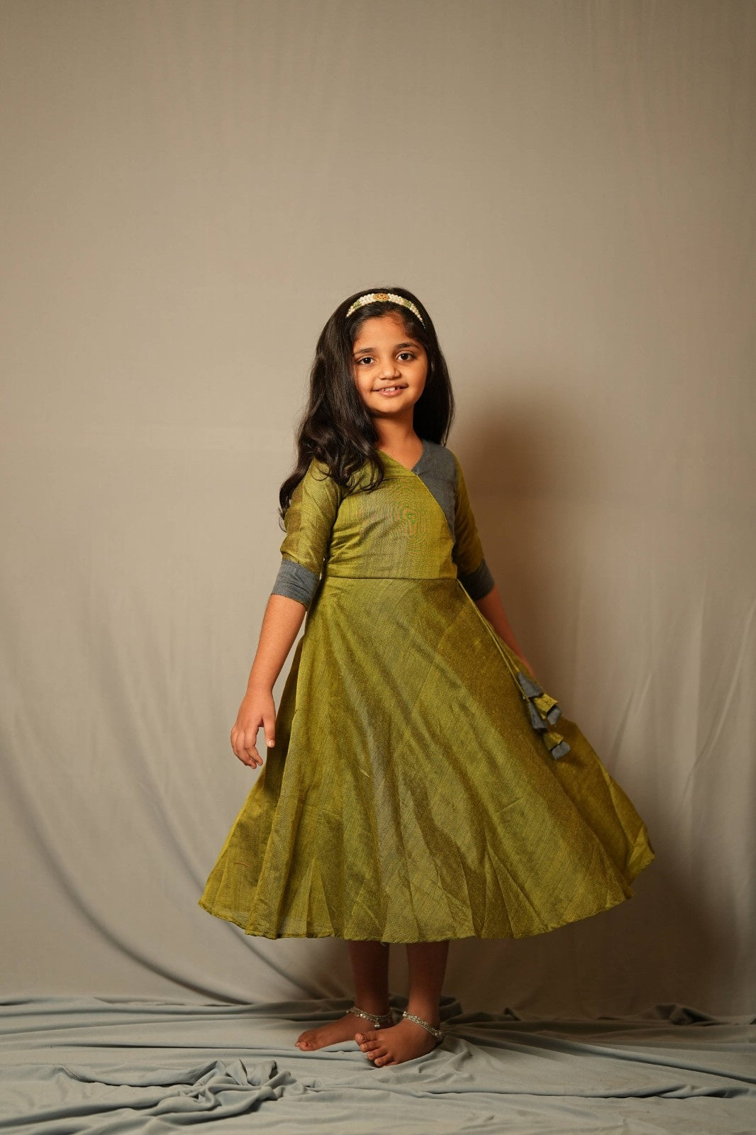 Suvarna - Angrakha dress in Khadi cotton in green with mustard contrast