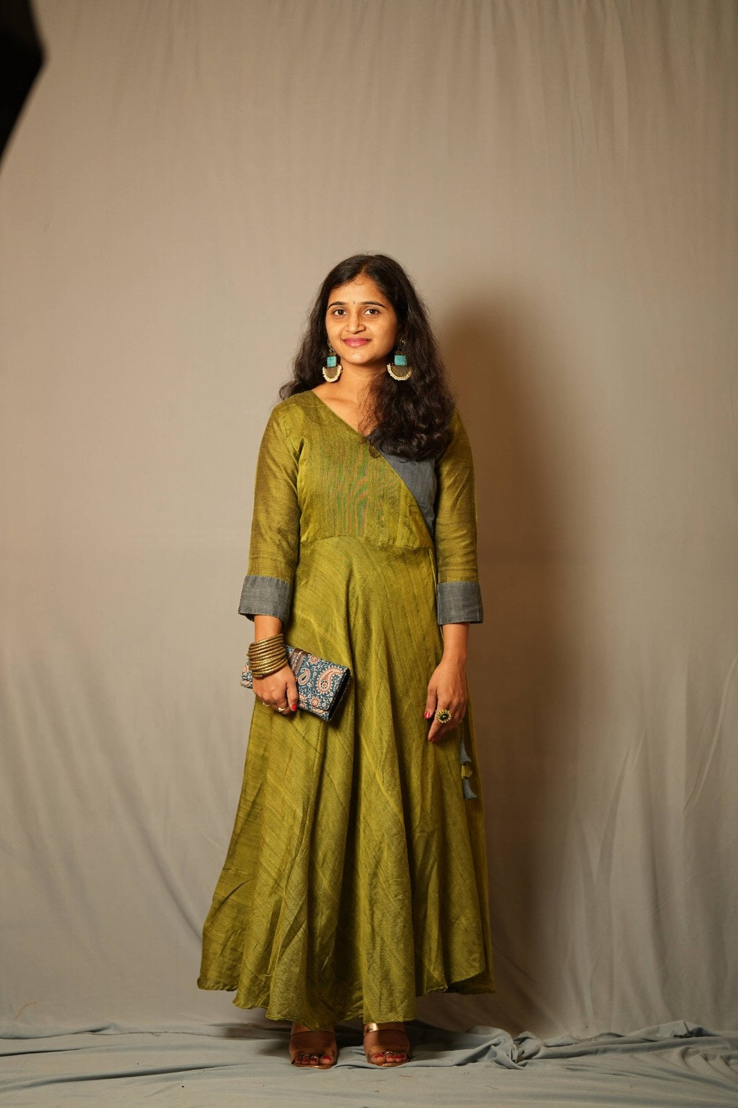 Suvarna - Angrakha dress in Khadi cotton in green with mustard contrast