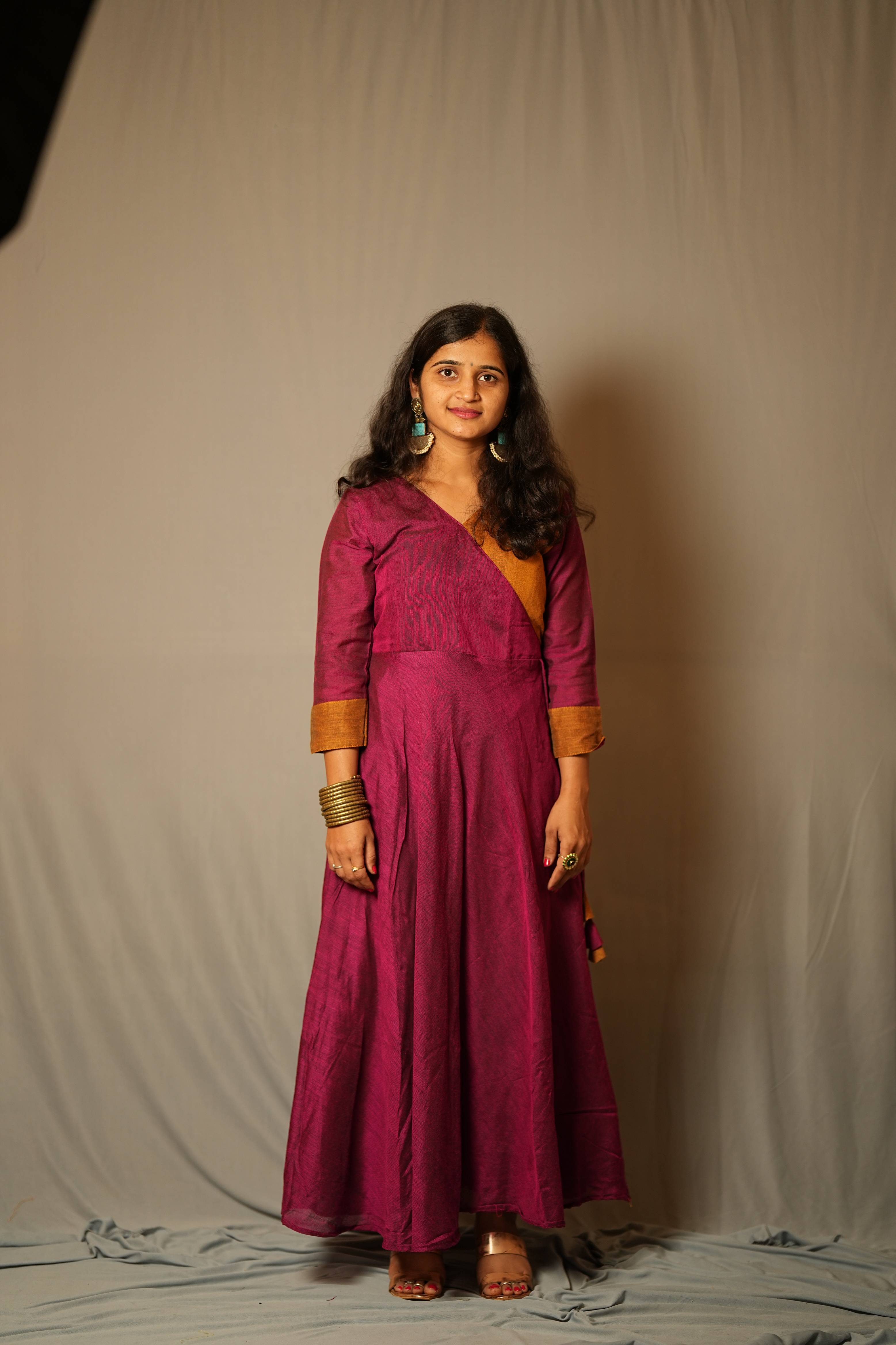 Suvarna - Angrakha dress in Khadi cotton in pink with mustard contrast