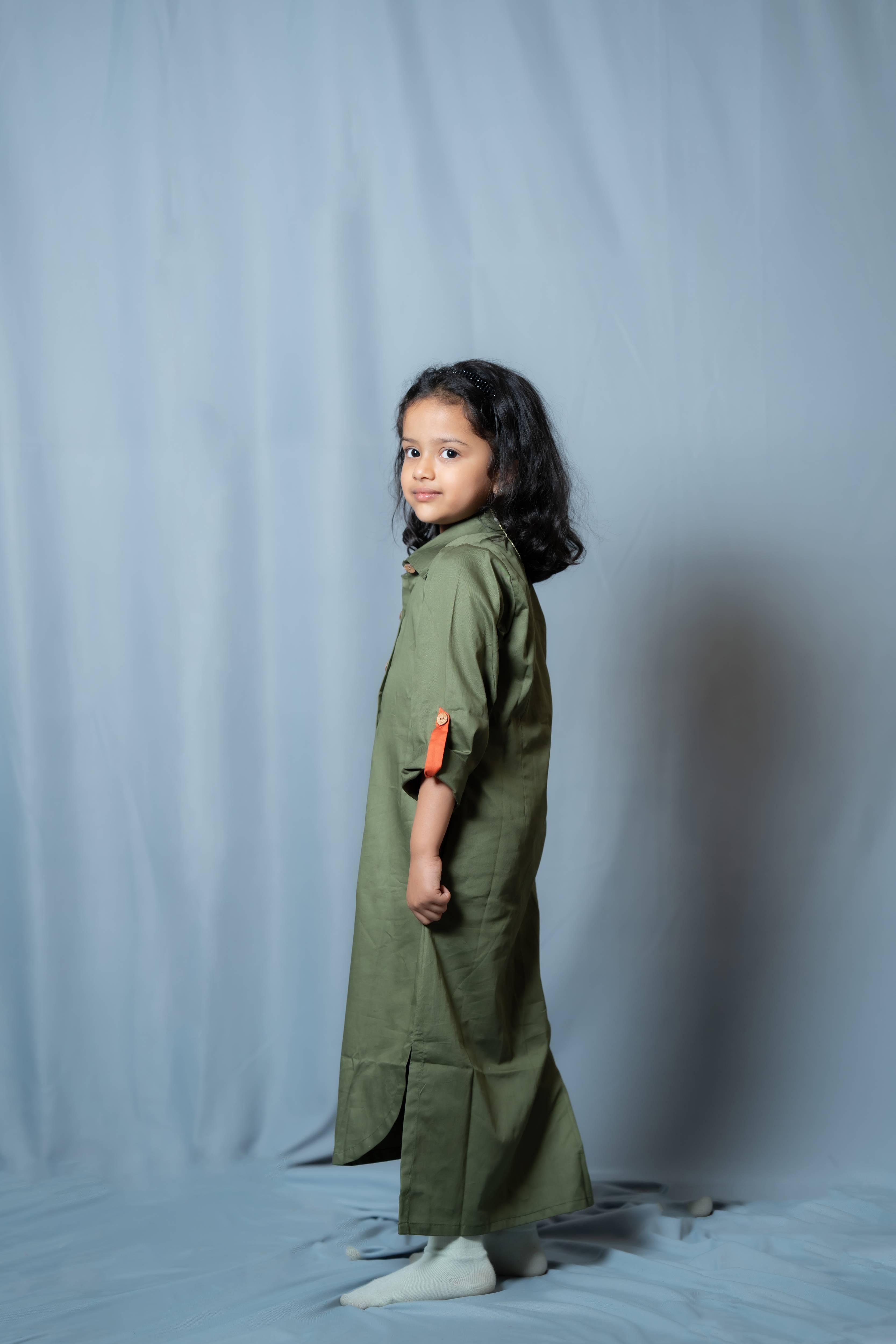 Autumn - Roll-up sleeve collared shirt dress in Olive pure cotton