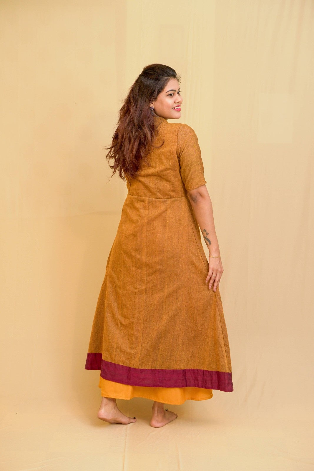 Dhwani - 2 in 1 dress with overcoat in Khadi cotton in mustard