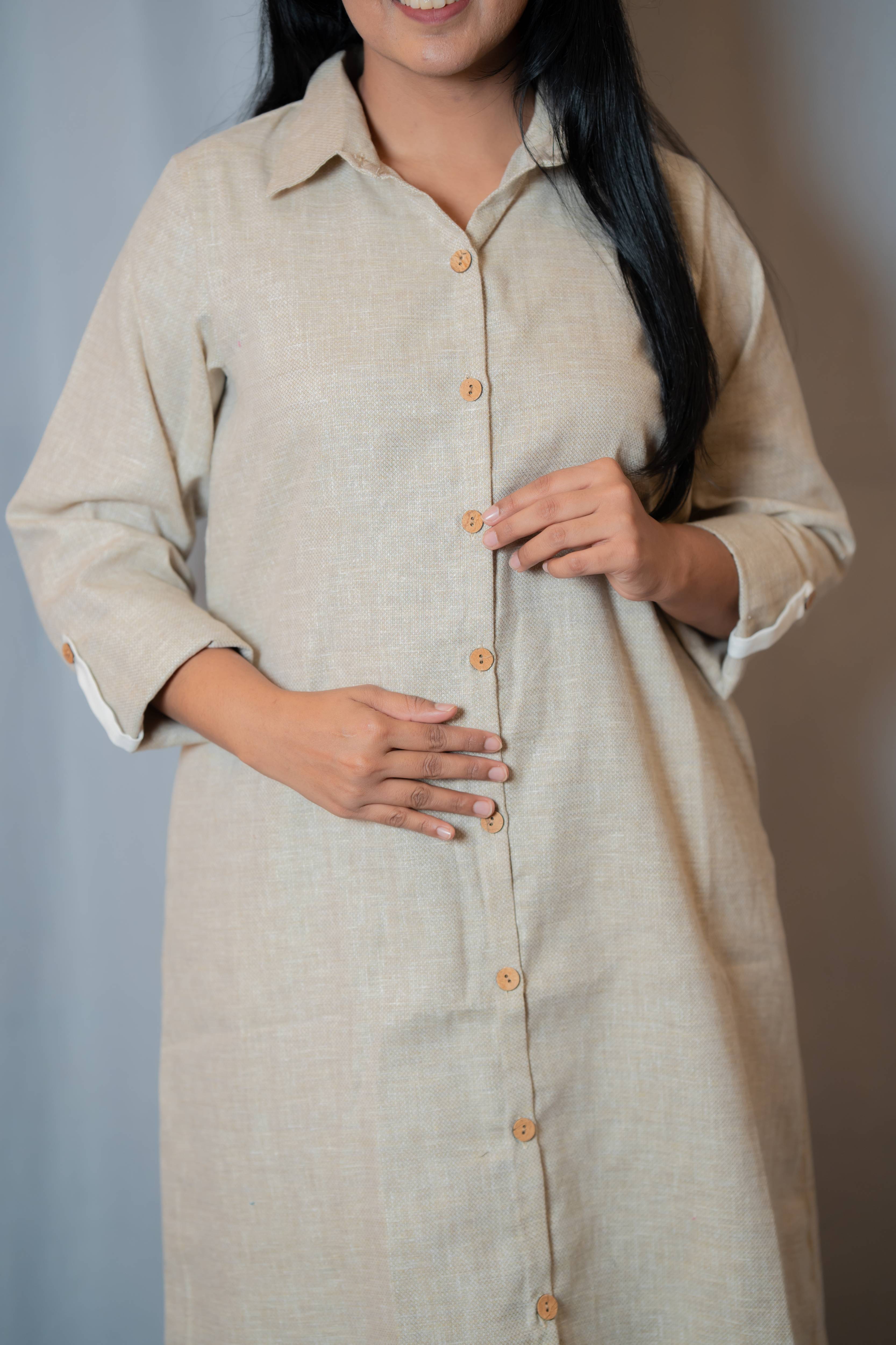 Autumn - Roll-up sleeve collared Shirt dress in Beige co-jute