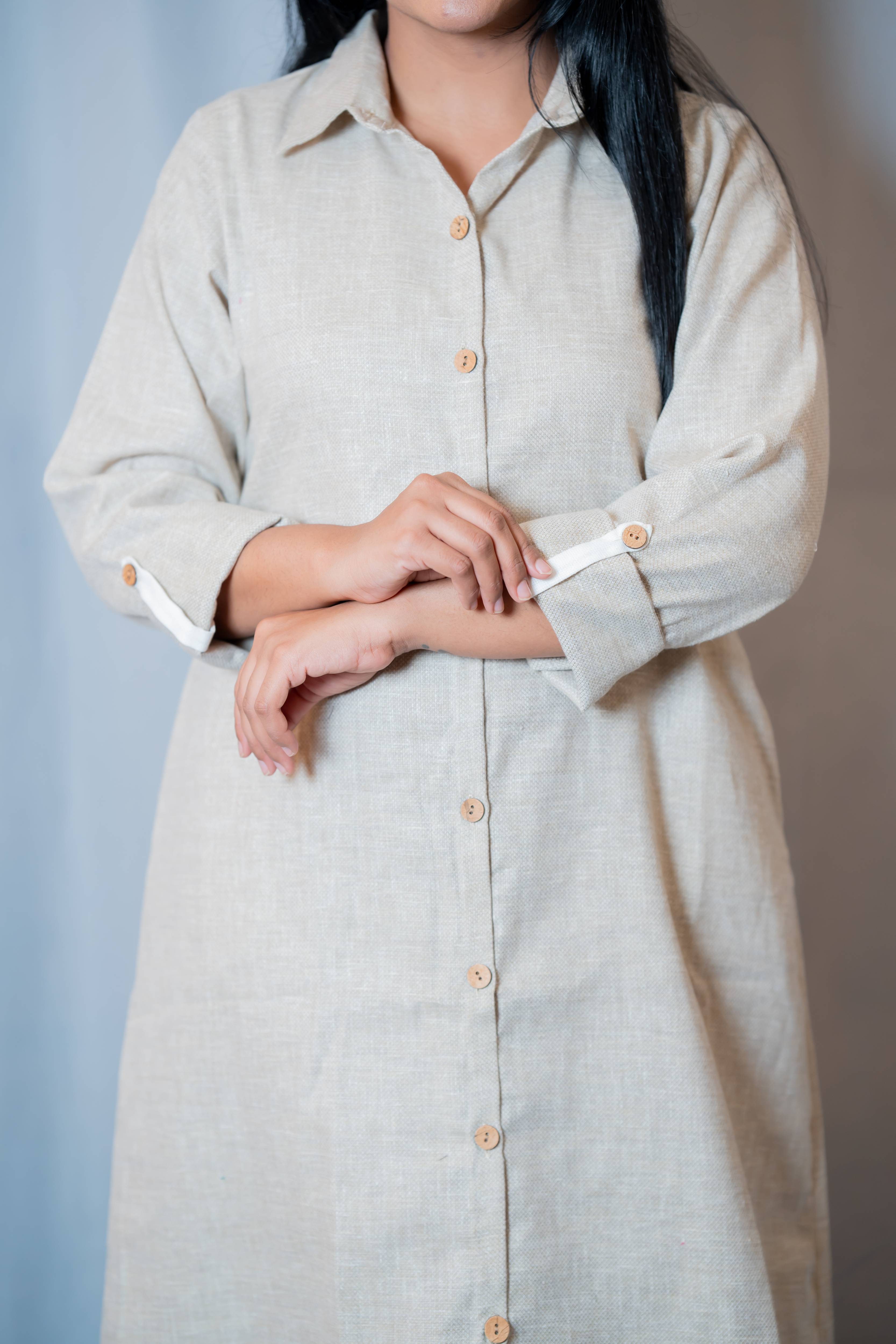 Autumn - Roll-up sleeve collared Shirt dress in Beige co-jute