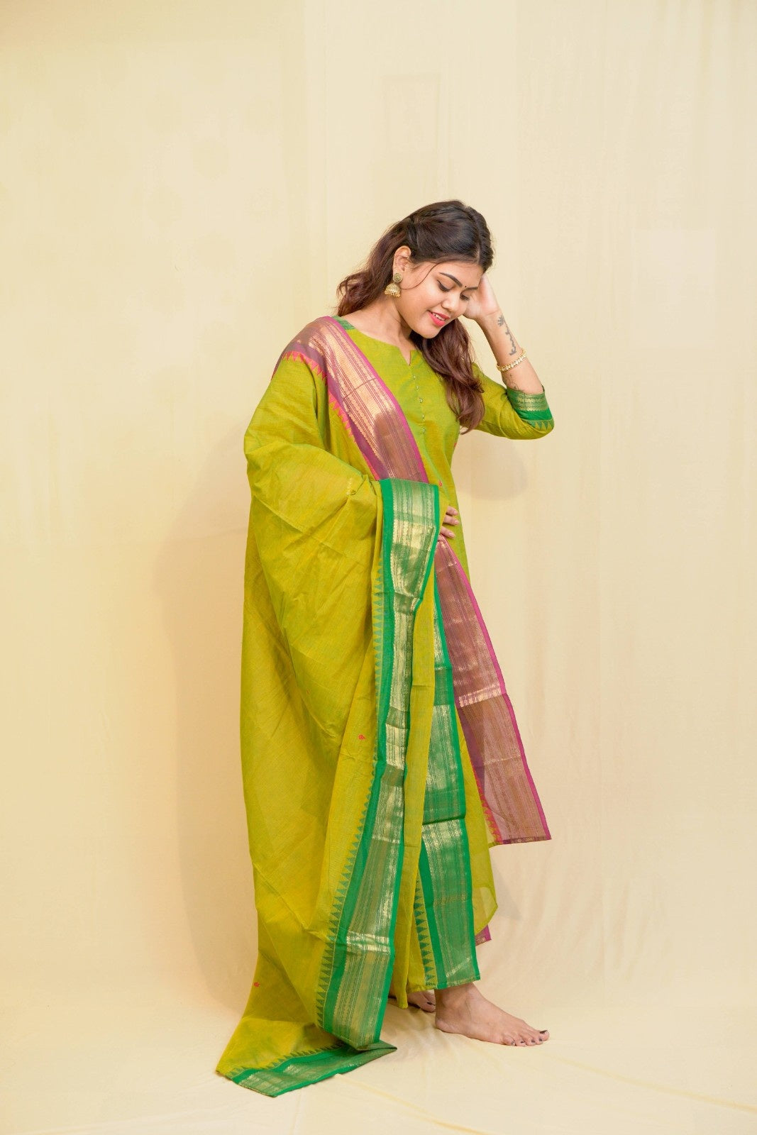 Geet - Kurti with dupatta in pure kanchi cotton in mehndi color