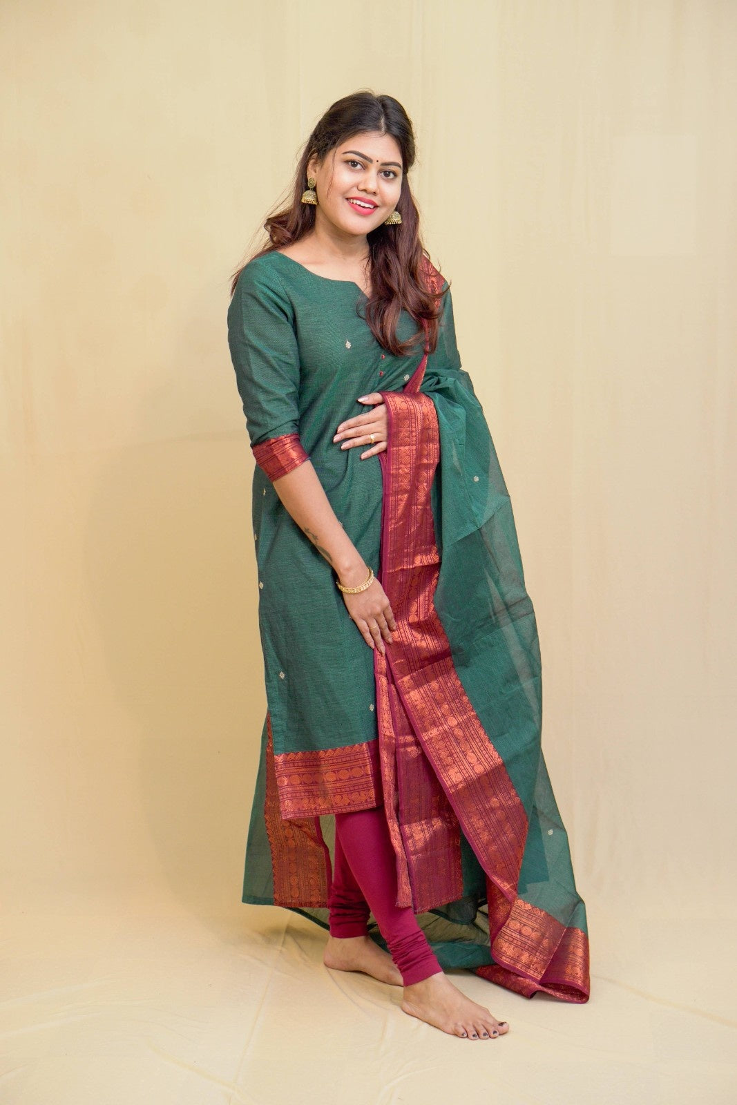 Geet - Kurti with dupatta in pure kanchi cotton in Teal color