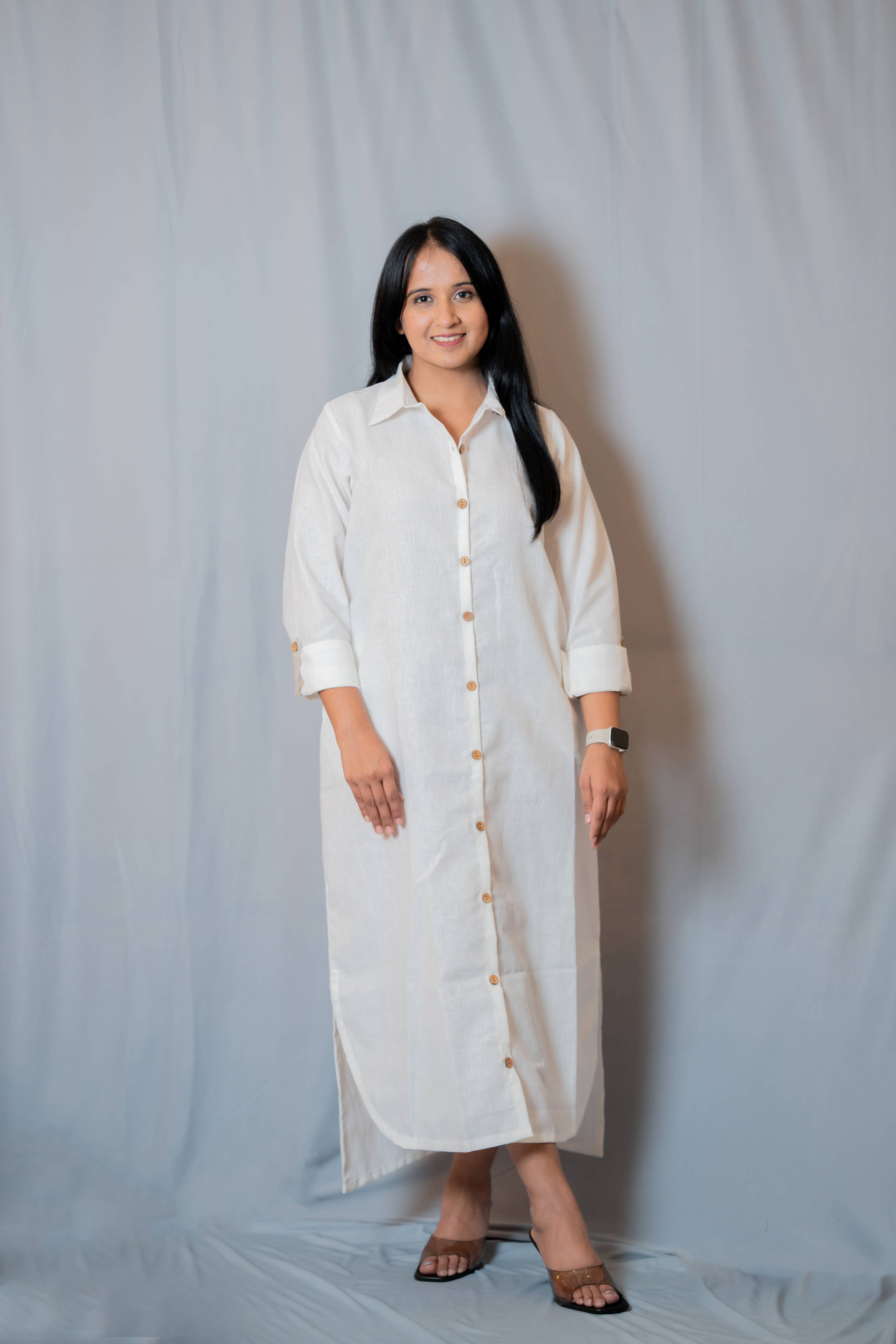 Autumn - Roll-up sleeve collared Shirt dress in White co-jute